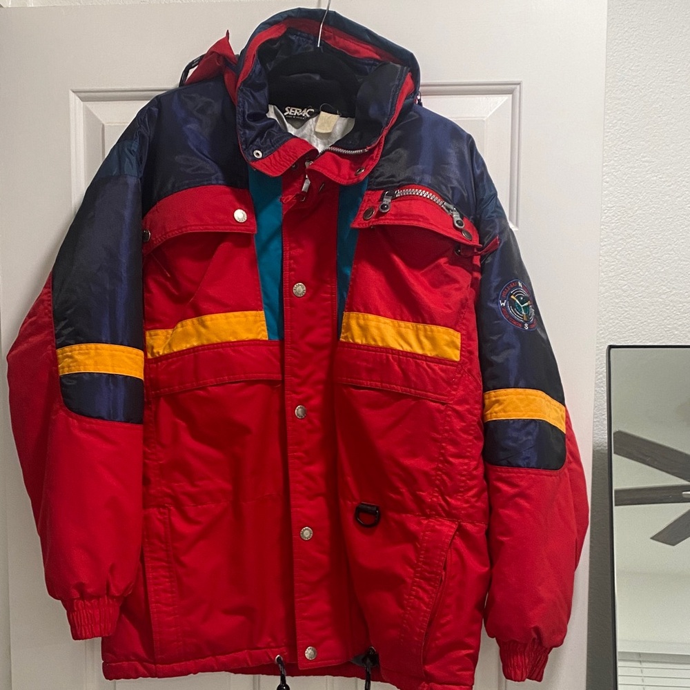 Serac Red Colorblock Hooded Ski Jacket with Yellow Stripes